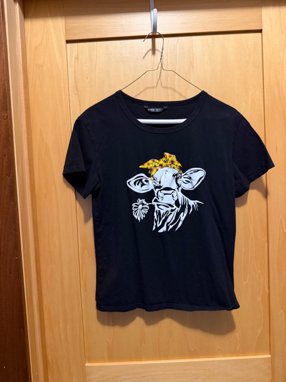SHEIN Black Tee with Cow Graphic and Yellow Bandana